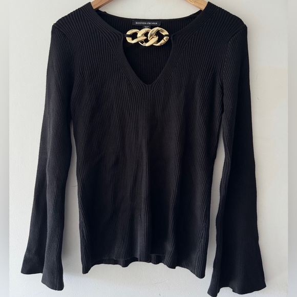 Boston Proper Tops - Boston Proper Black Ribbed Flare Split Long Sleeve Gold Chain Detail